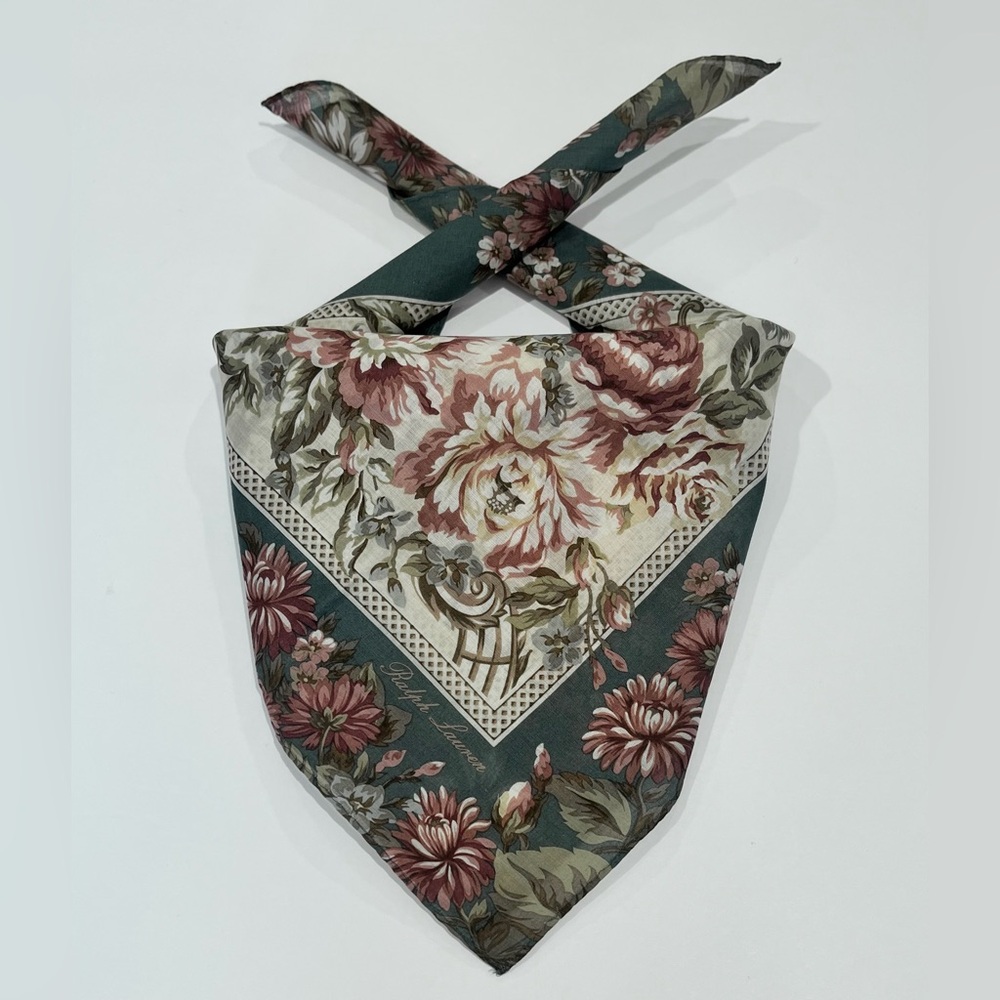 Handkerchief Scarf Ralph Lauren Women Floral Green Cotton Pocket Square 19”